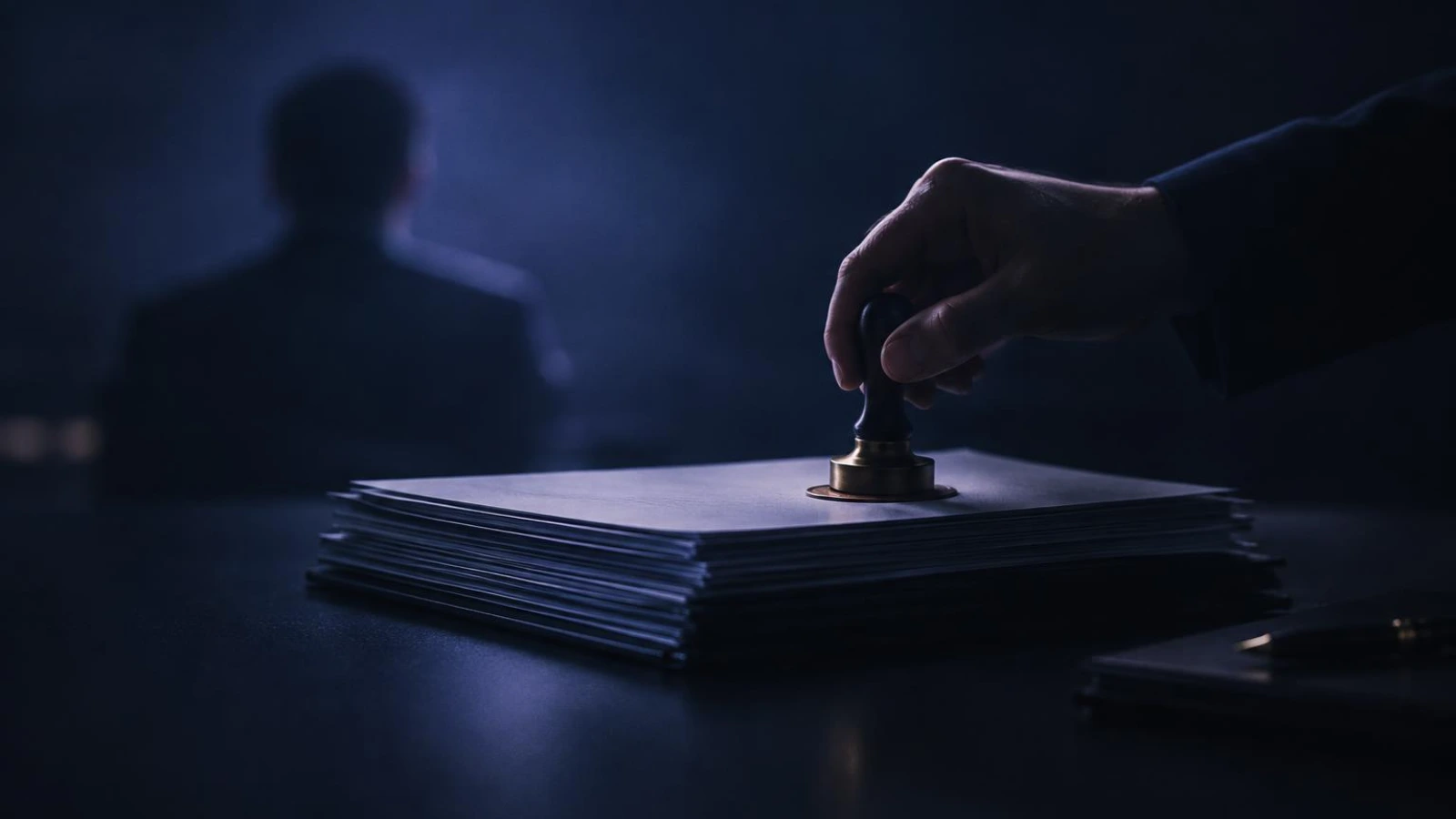 A careful hand placing a seal of approval on a stack of work