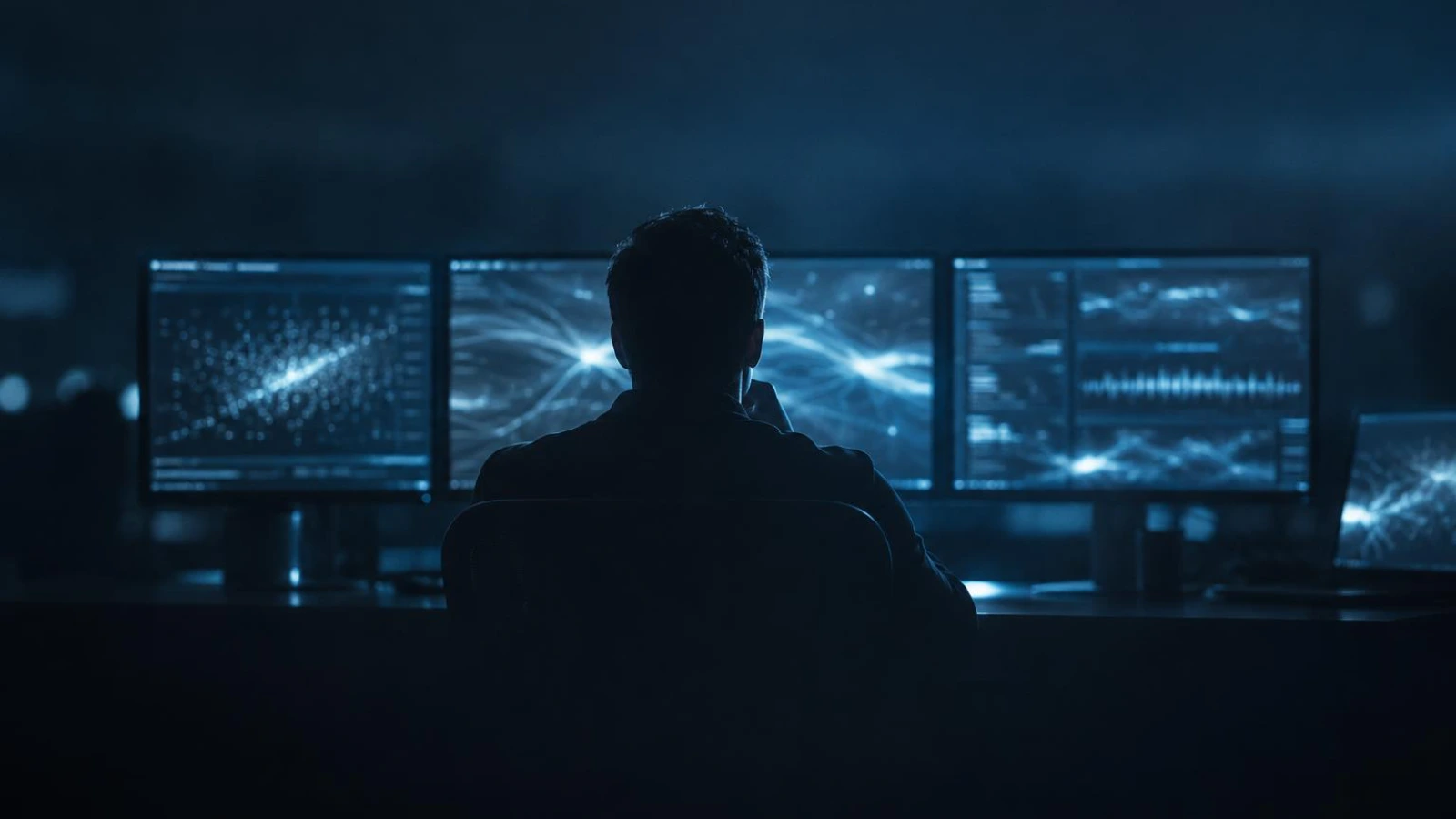An engineer watching several screens of soft moving light in a dark room
