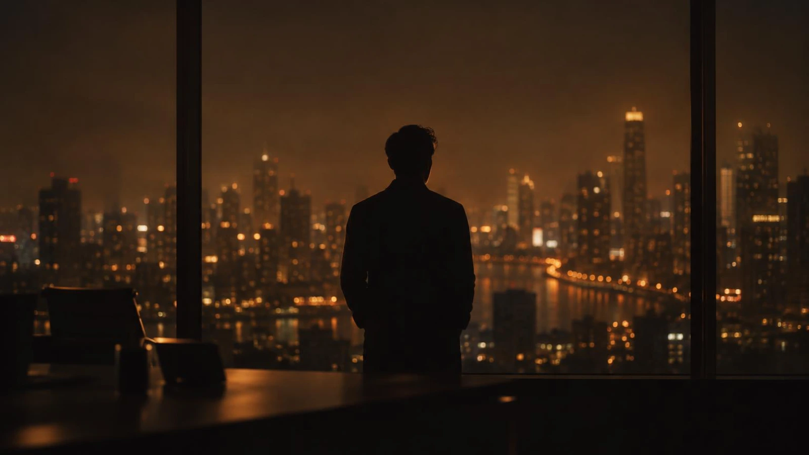 A person looking out over a city at night from an office window