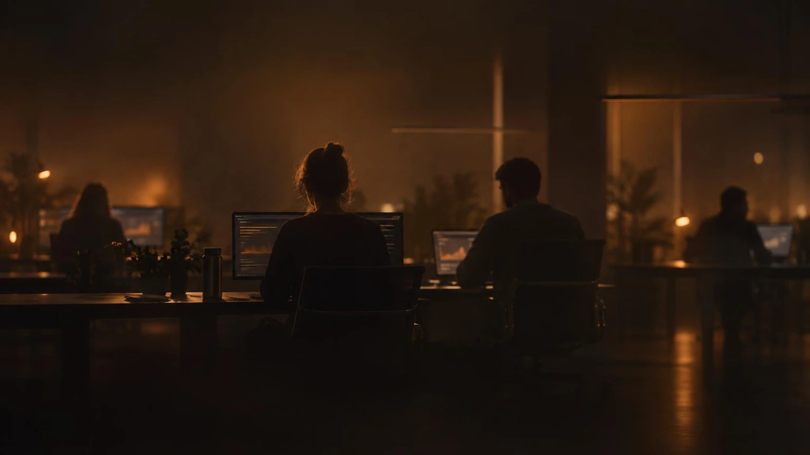 A modern office team using technology in a dark, open space