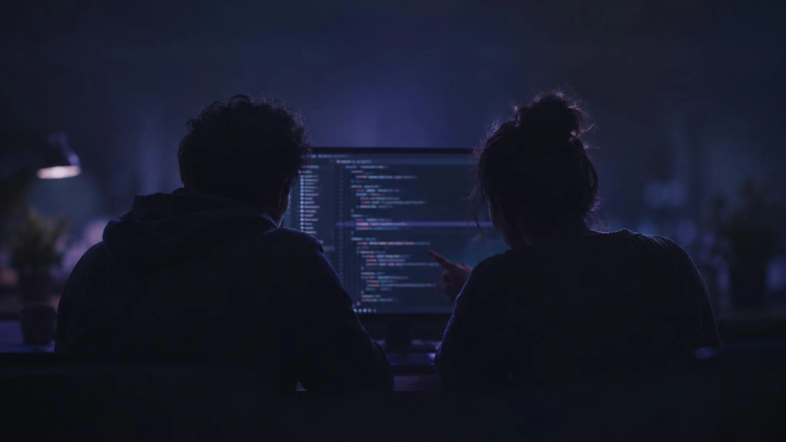 Two developers reviewing code together at one screen