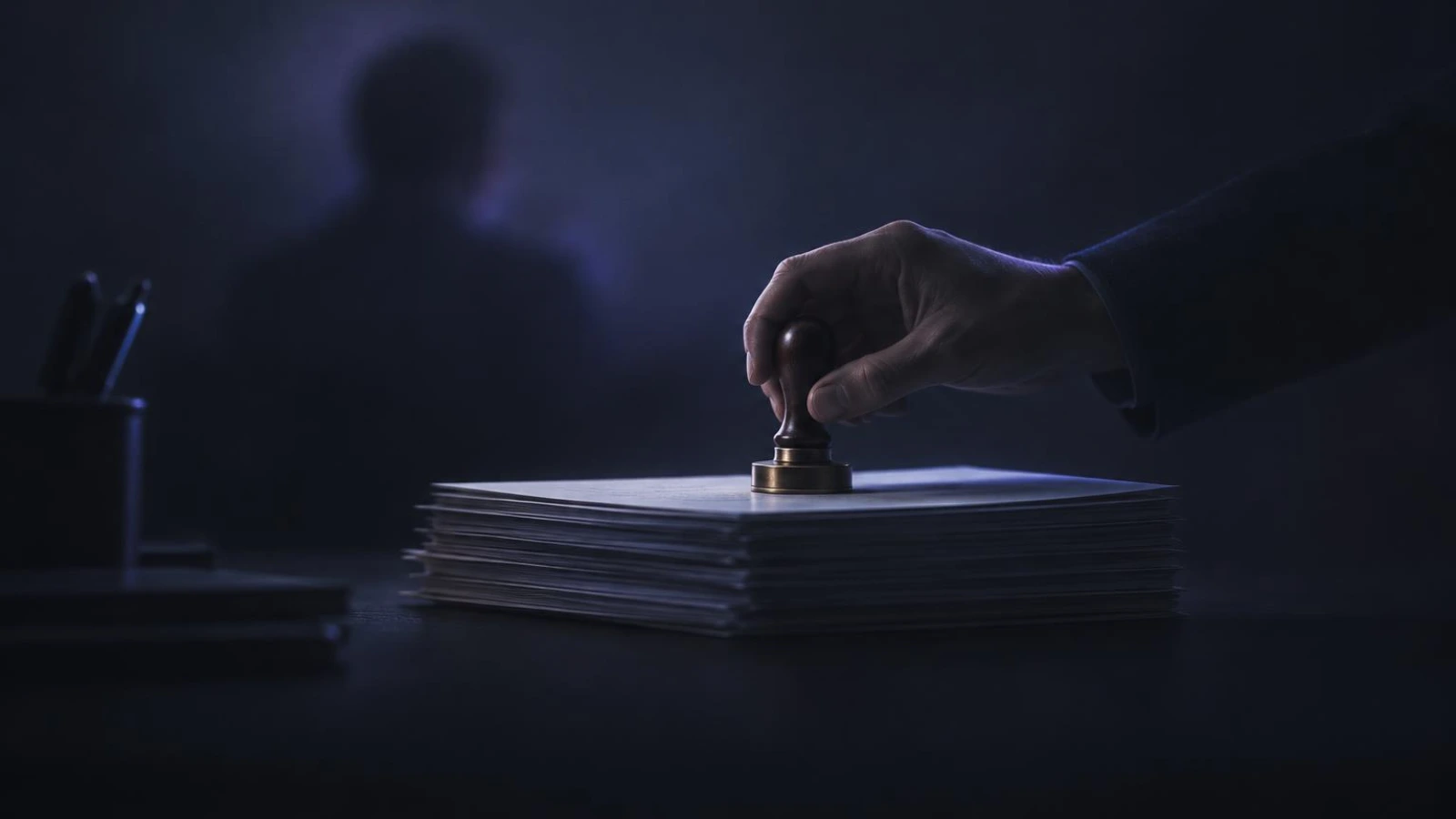 A careful hand placing a seal of approval on a stack of work