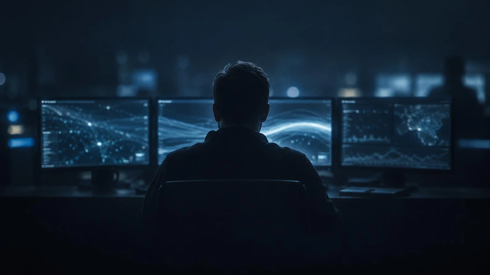 An engineer watching several screens of soft moving light in a dark room