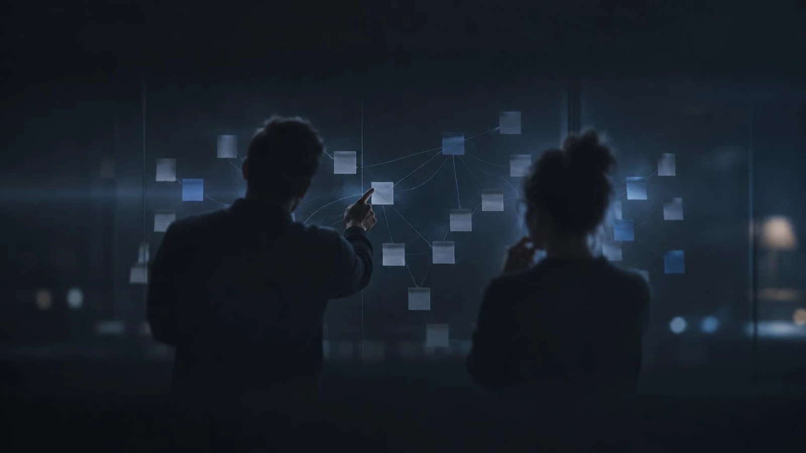 Two colleagues tracing connections between notes pinned on a glass wall