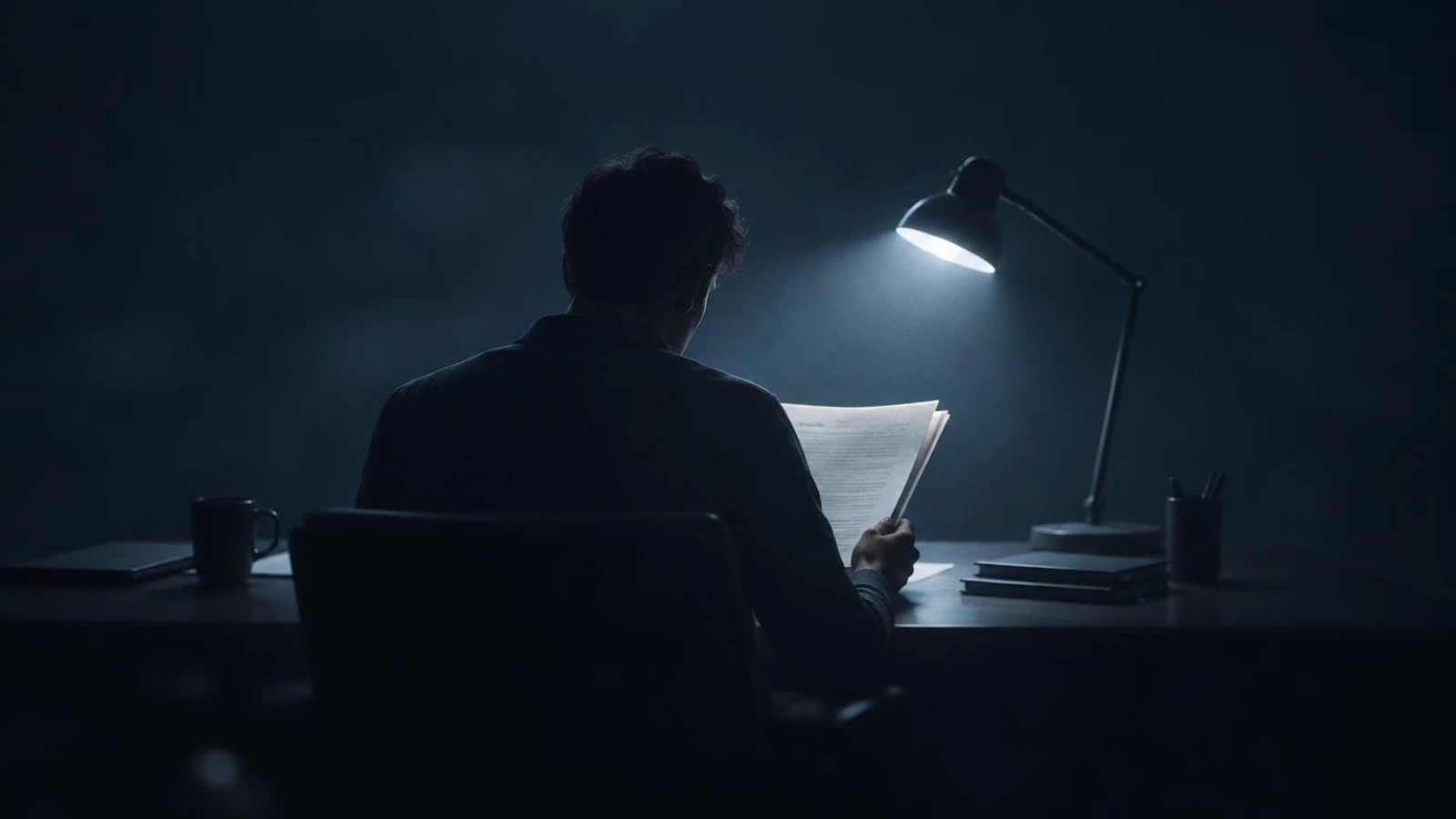 A manager reading a long report by the light of a desk lamp