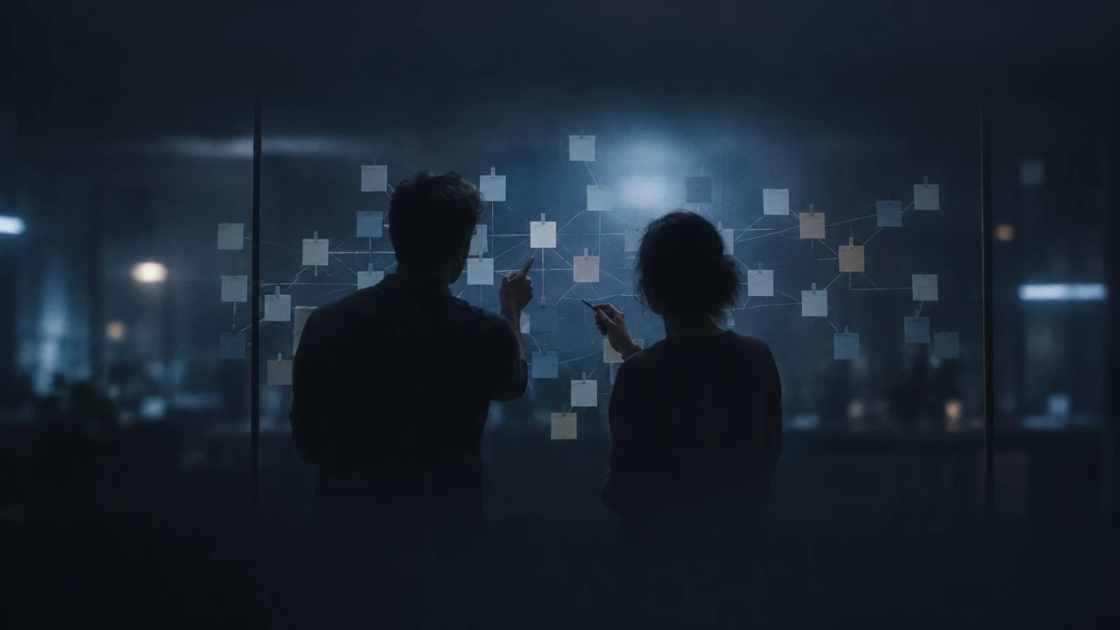 Two colleagues tracing connections between notes pinned on a glass wall