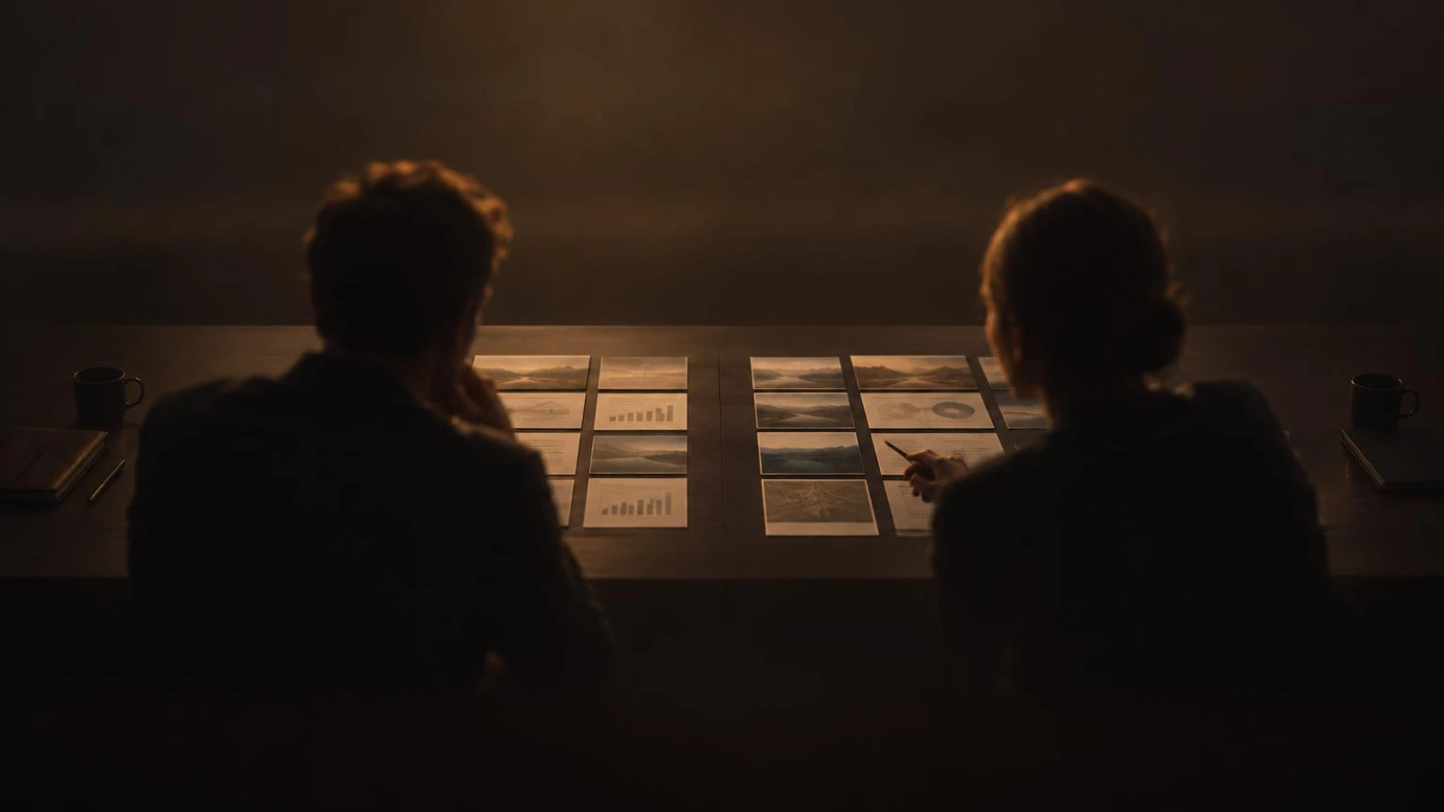 Two colleagues comparing options laid out side by side on a long table
