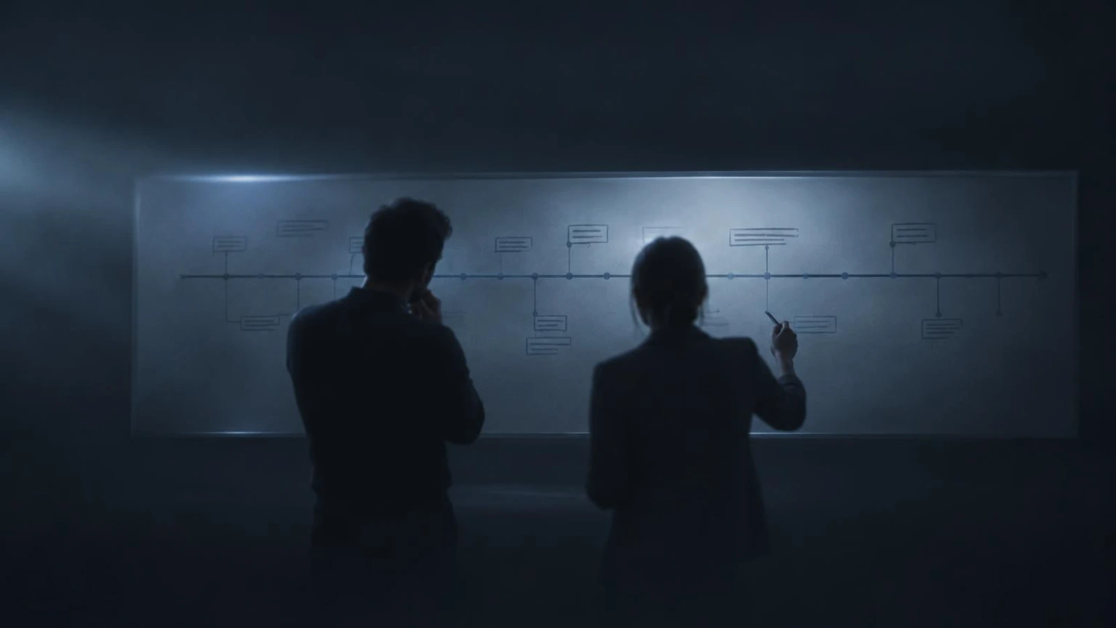 Two colleagues reviewing a long timeline drawn across a whiteboard