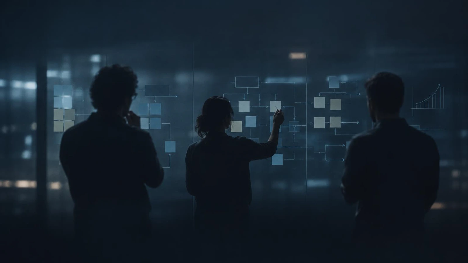 A small team mapping a project plan on a glass wall