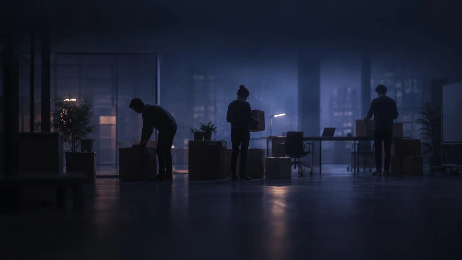 A small team unpacking boxes in a new, half-empty office