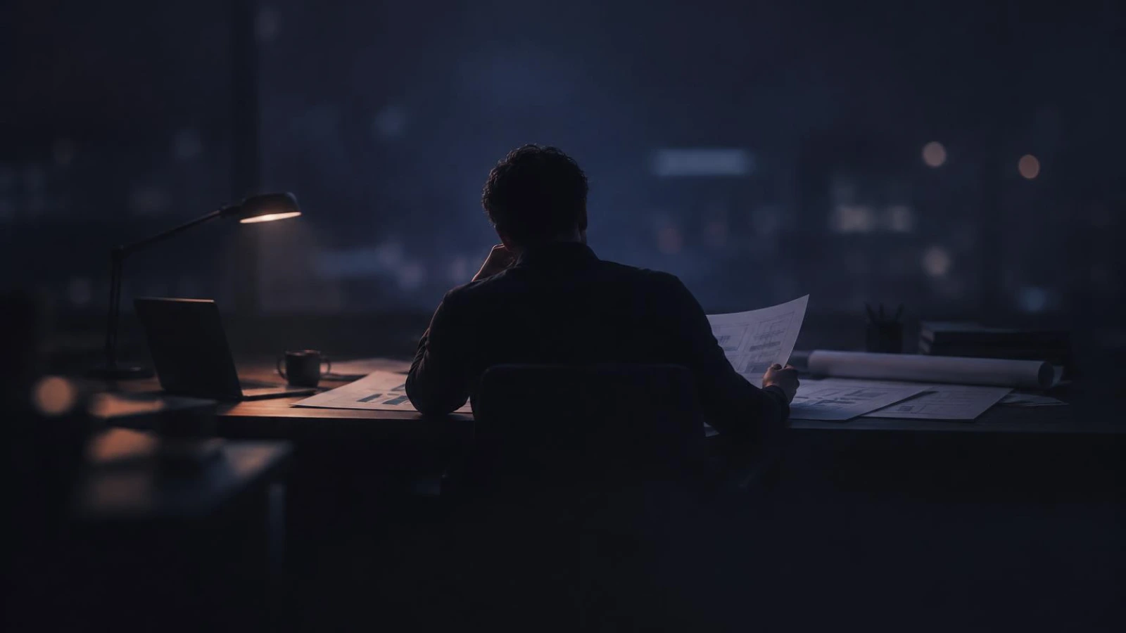 A business owner reviewing plans at a desk in the evening