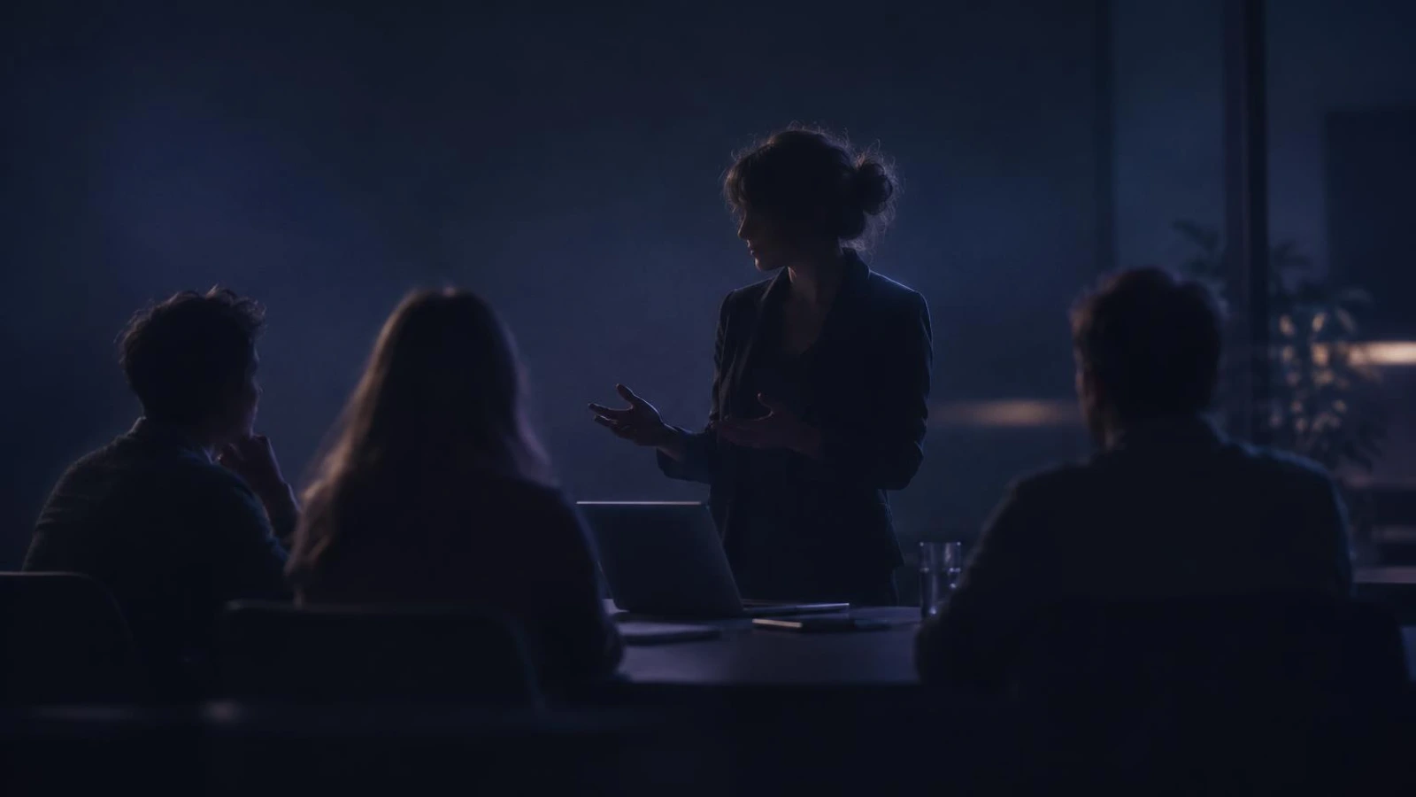 A manager talking with a small team in a calm office